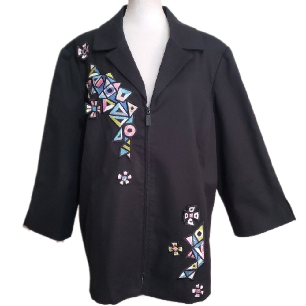 Bob Mackie Y2k Wearable Art embroidered sequin applique zip blazer Jacket L